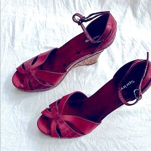 Spring two tone Red Leather Wedge Peep-Toe Sandal pump with ankle strap